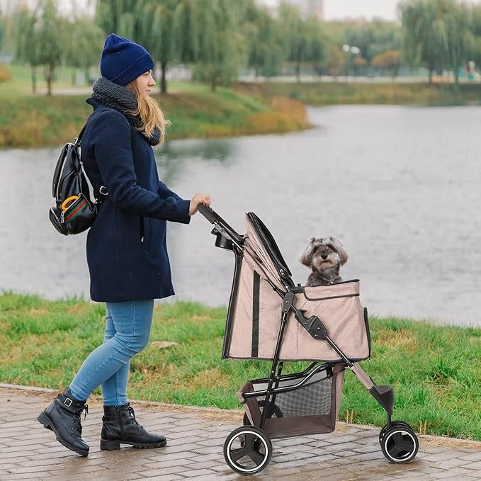Dog Stroller Folding Pet Buggy 3 Wheel Travel Pram with Storage Basket