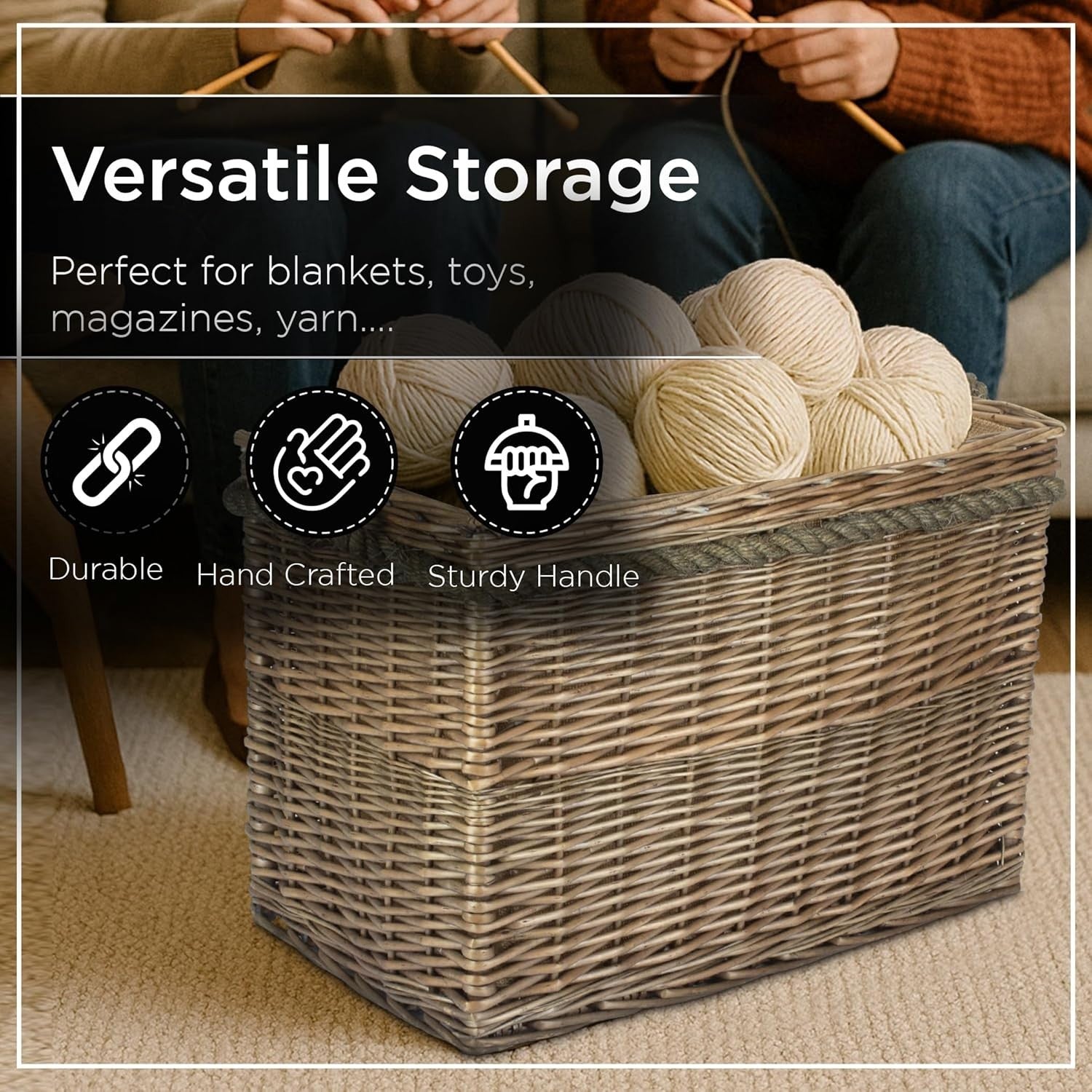 Wicker Log Basket with Rope Handles – Firewood Storage 38x50cm