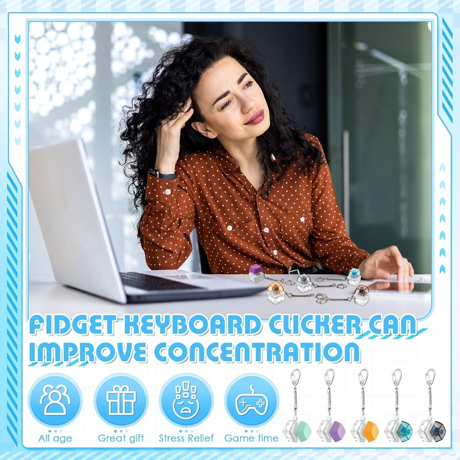 24pcs Transparent Keyboard Clicker Fidget Keychain Stress Relief Toy