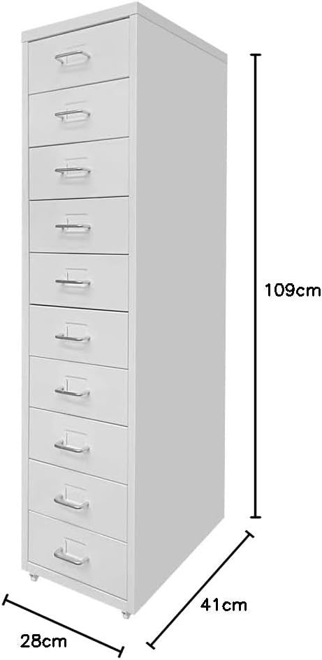 White Metal 10 Drawer Mobile Filing Cabinet Tall Office Storage on Wheels