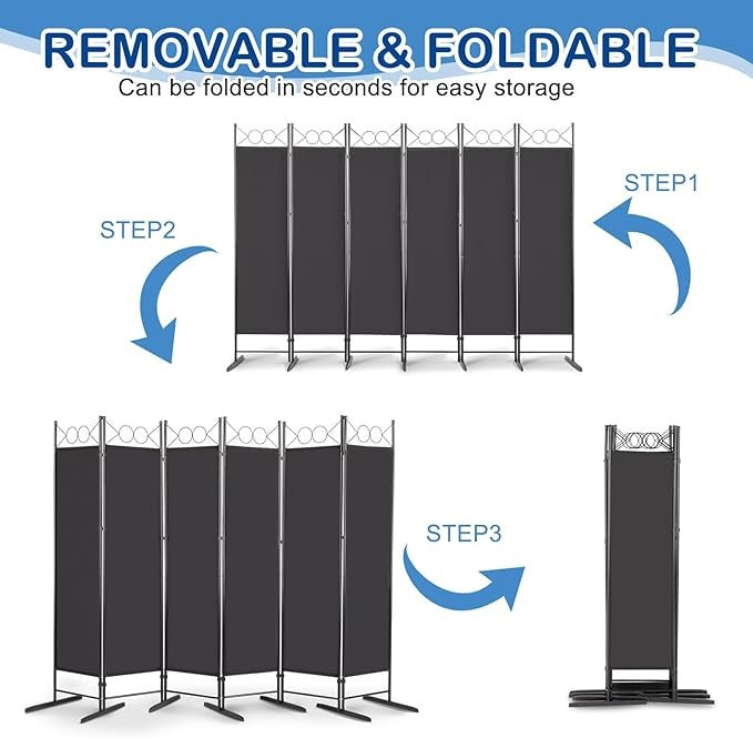 Black 6 Panel Room Divider 5.7FT Folding Privacy Screen – Portable Partition Wal