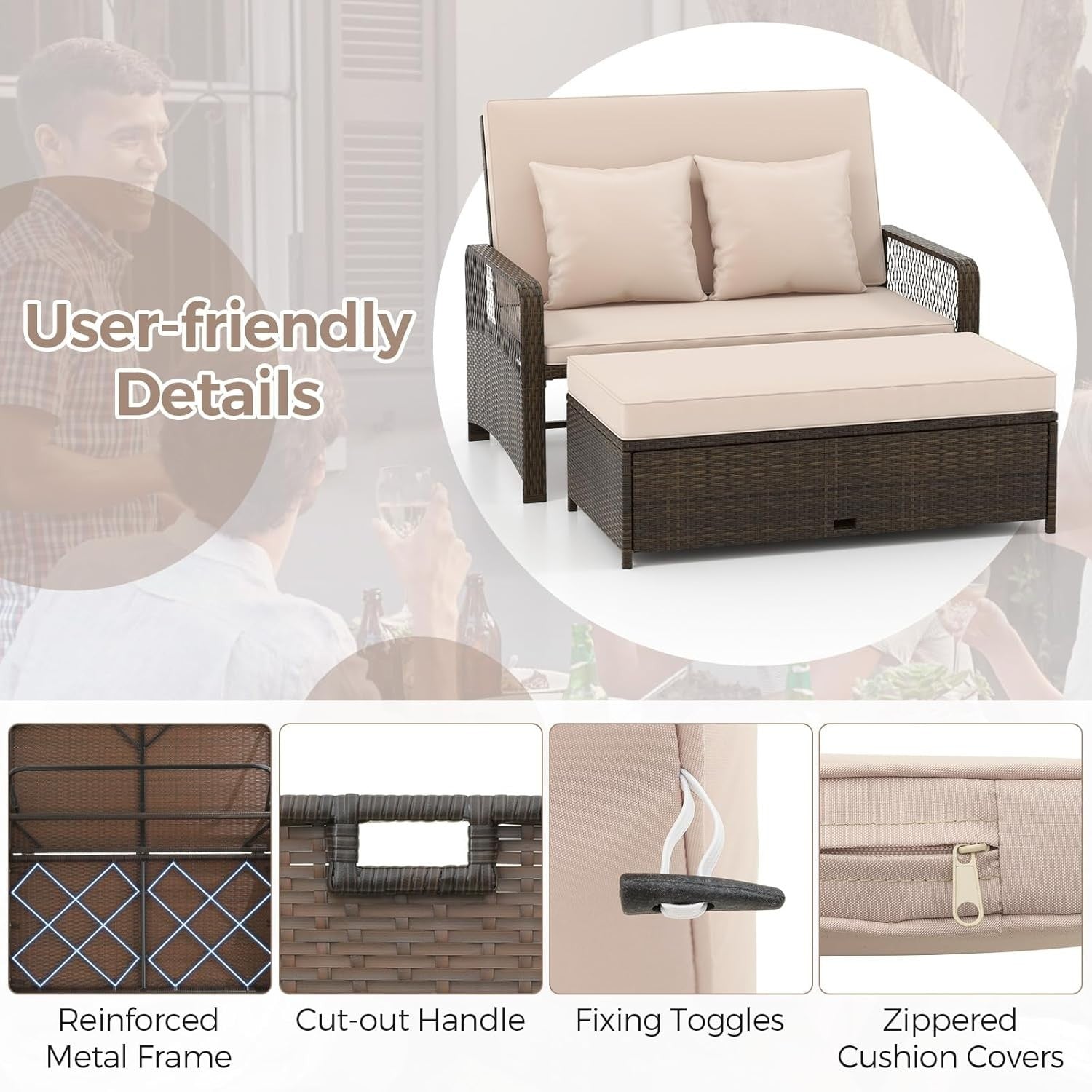 Adjustable Rattan Daybed with Storage Ottoman & Cushions – Outdoor Sofa