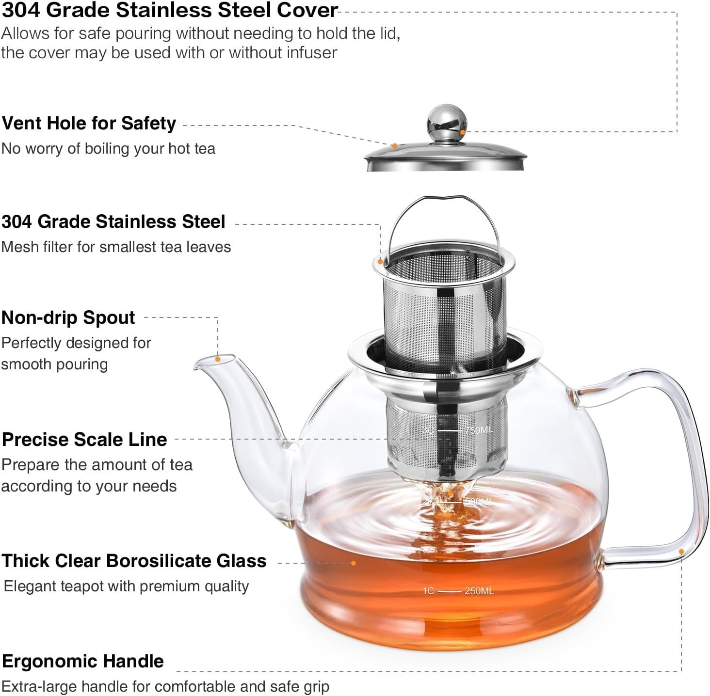 Glass Teapot 800ml with Infuser Loose Leaf Tea Pot Stovetop Safe