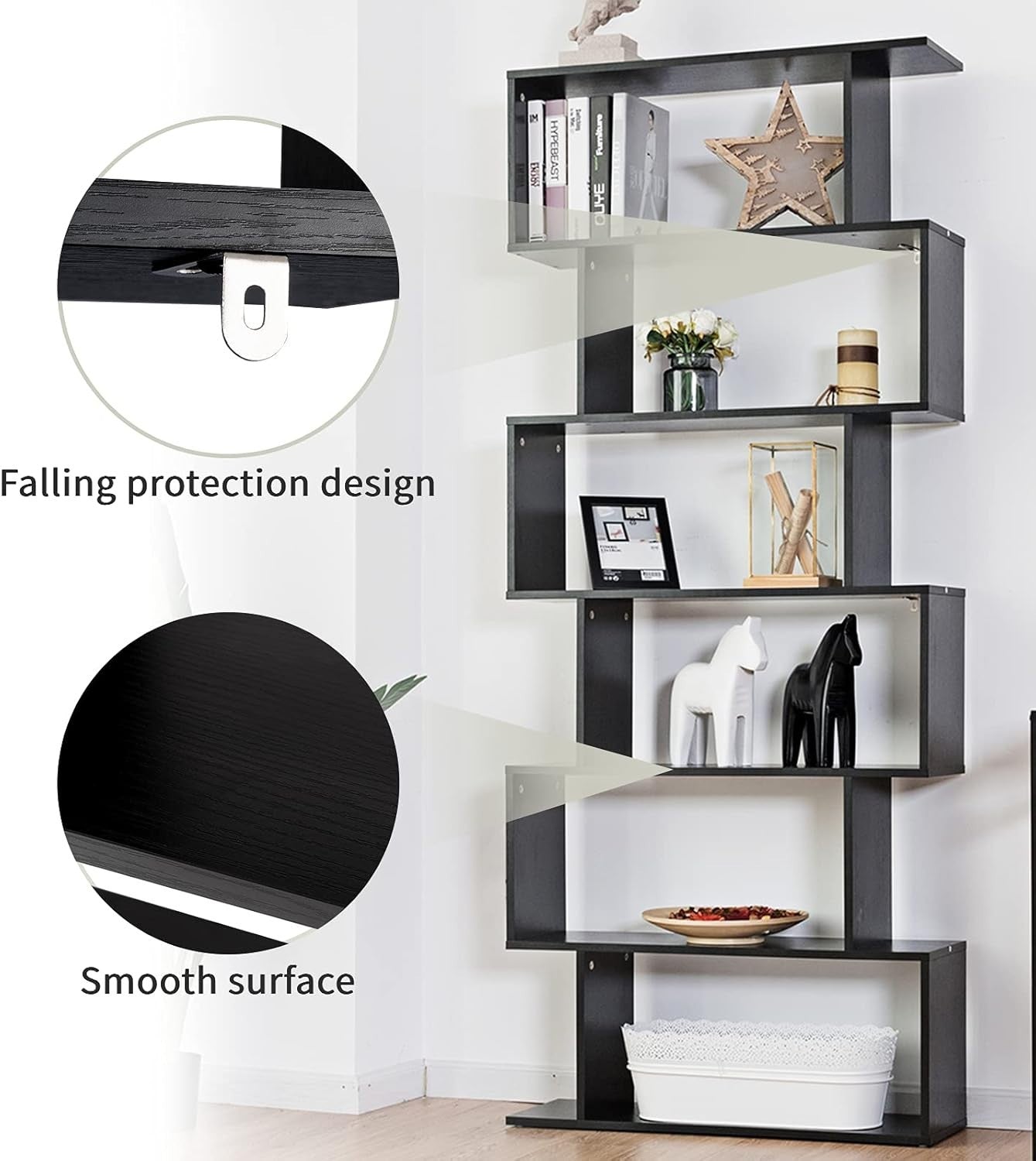 S Shaped 6 Tier Wooden Bookcase Freestanding Display Storage Shelf Black