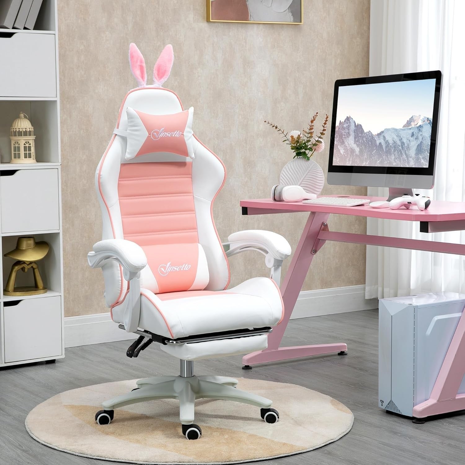Pink Gaming Chair w/ Rabbit Ears Recliner Footrest Lumbar Support