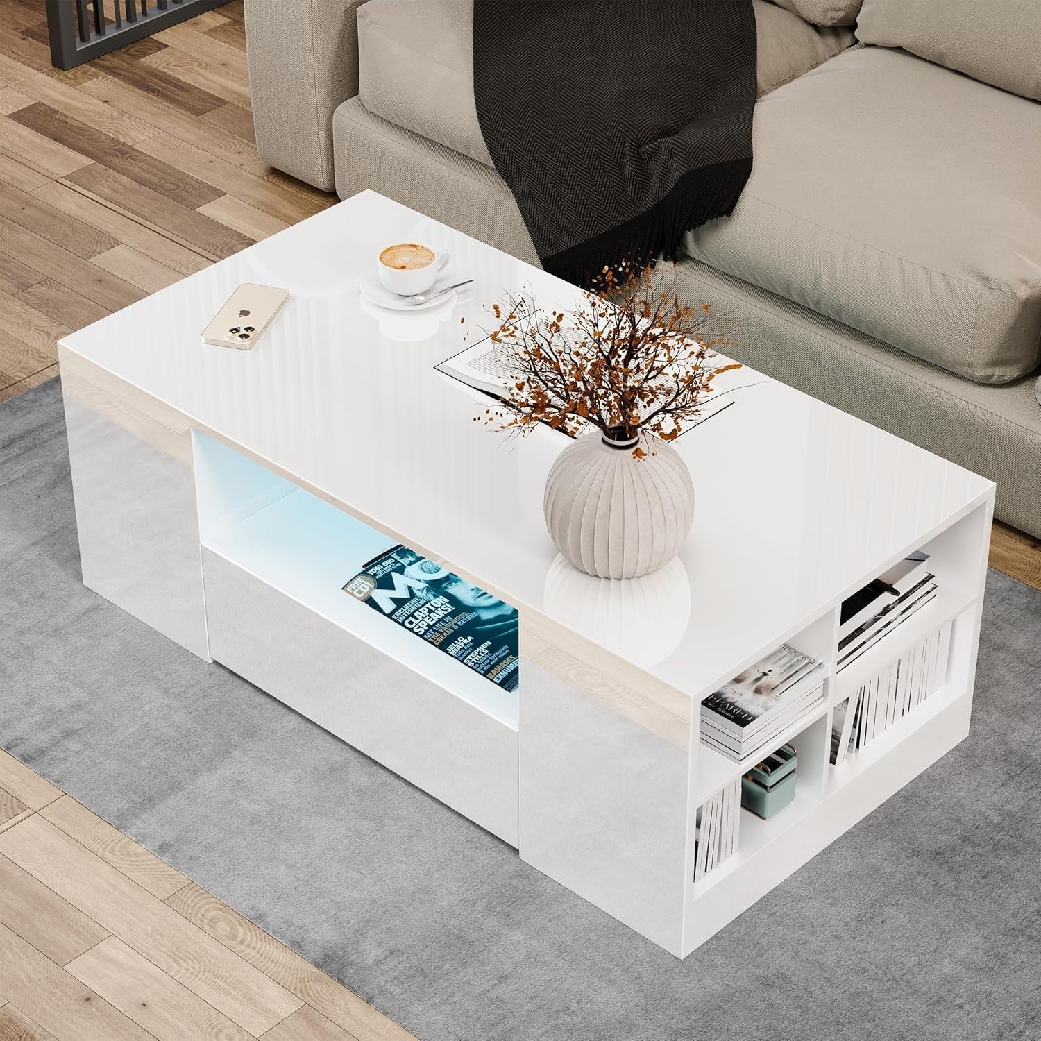 Blisswood LED Coffee Table with 2 Drawers, High Gloss Grey & RGB Lights