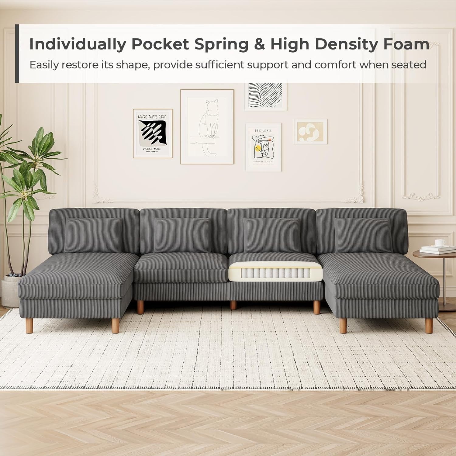5 Seater U-Shaped Sofa Grey Corduroy with Double Chaise & Washable Covers