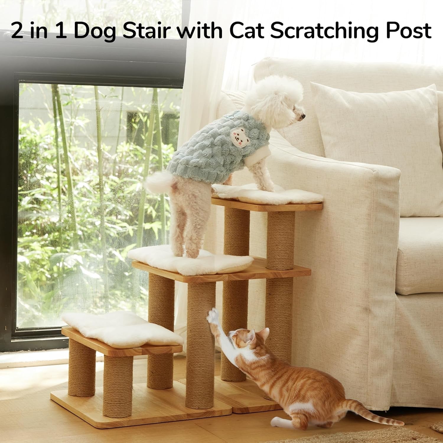 Solid Wood Dog Stairs 20in Pet Ramp with Cat Scratching Post