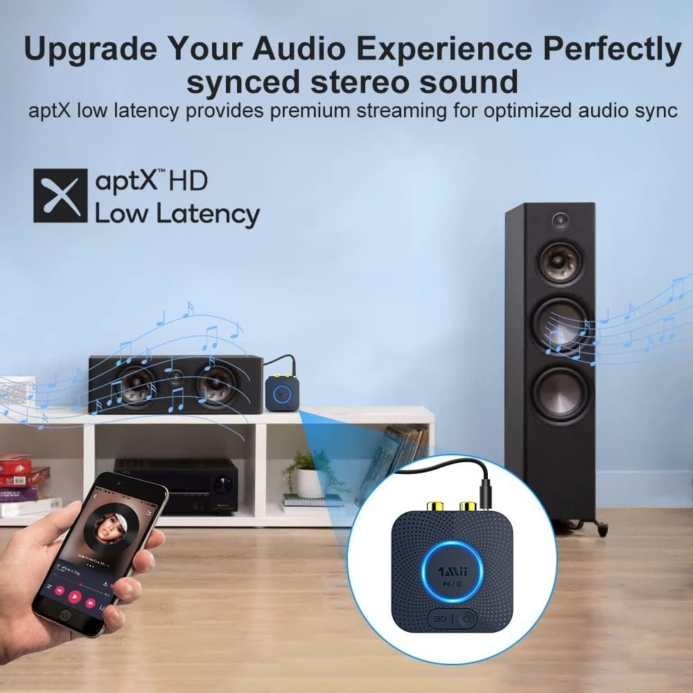 Bluetooth 5.1 Audio Receiver aptX HD 3D Surround RCA AUX Adapter 15Hr