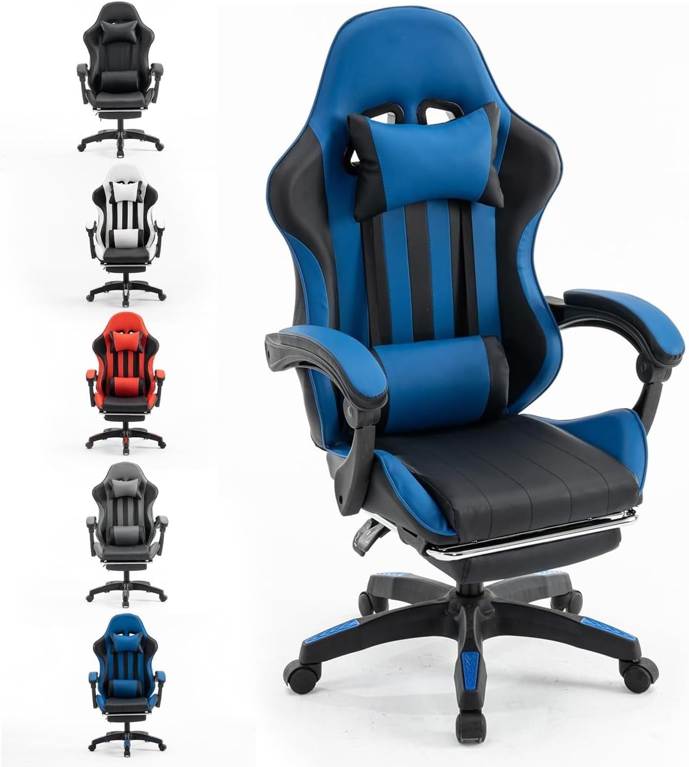 Gaming Chair Blue Faux Leather Office Desk Swivel Adjustable Height Armrest Foot