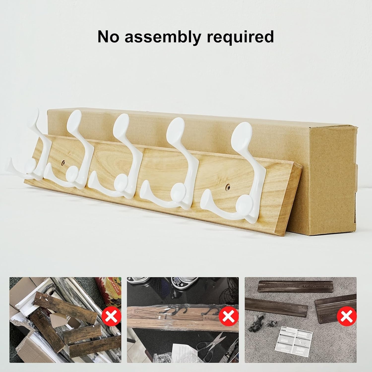 Natural Wood Wall Coat Rack 5 Triple Hooks | 61cm Modern Hanging Rail