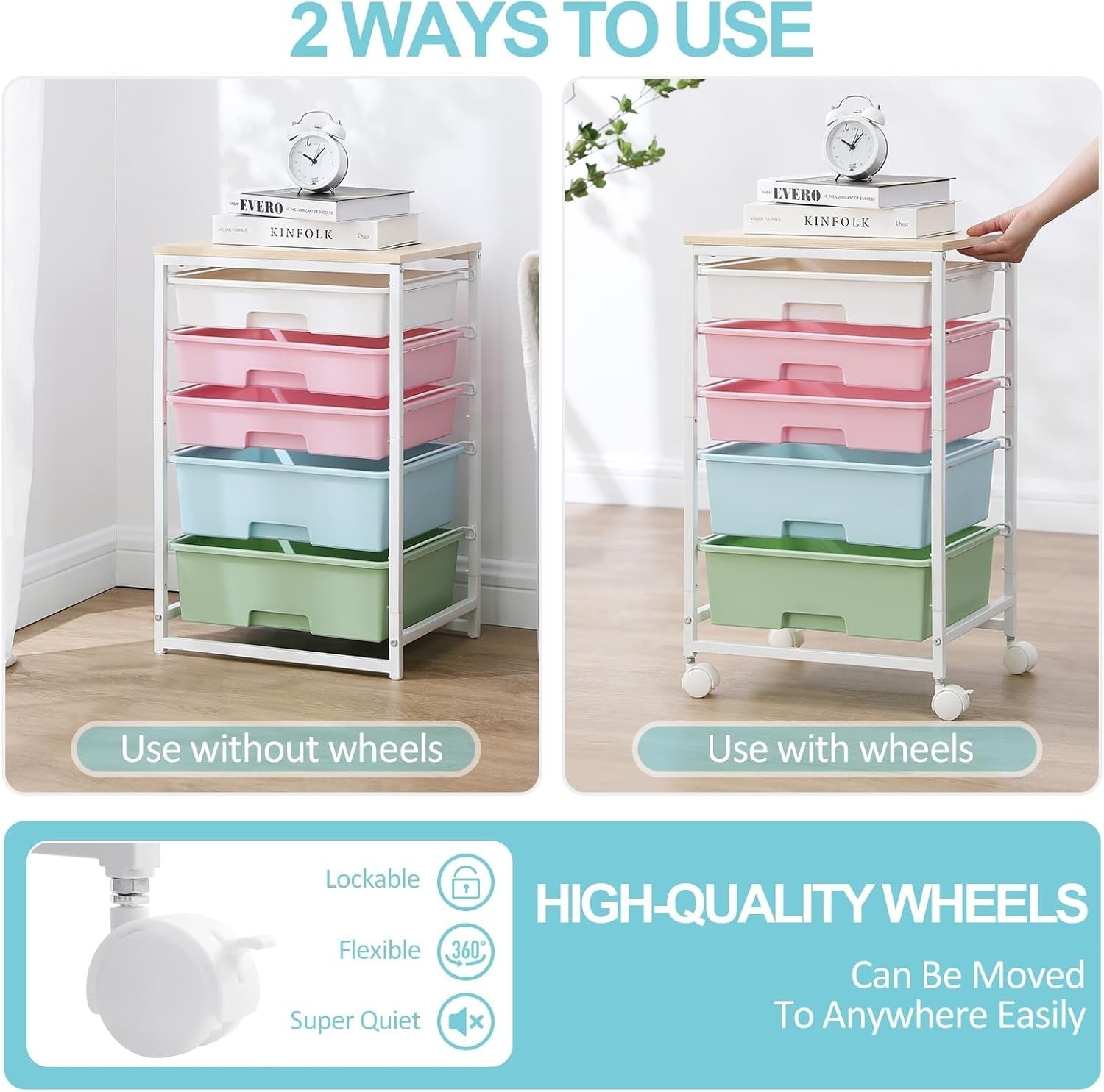 5 Drawer Rolling Storage Trolley Multicolor Organizer Cart on Wheels