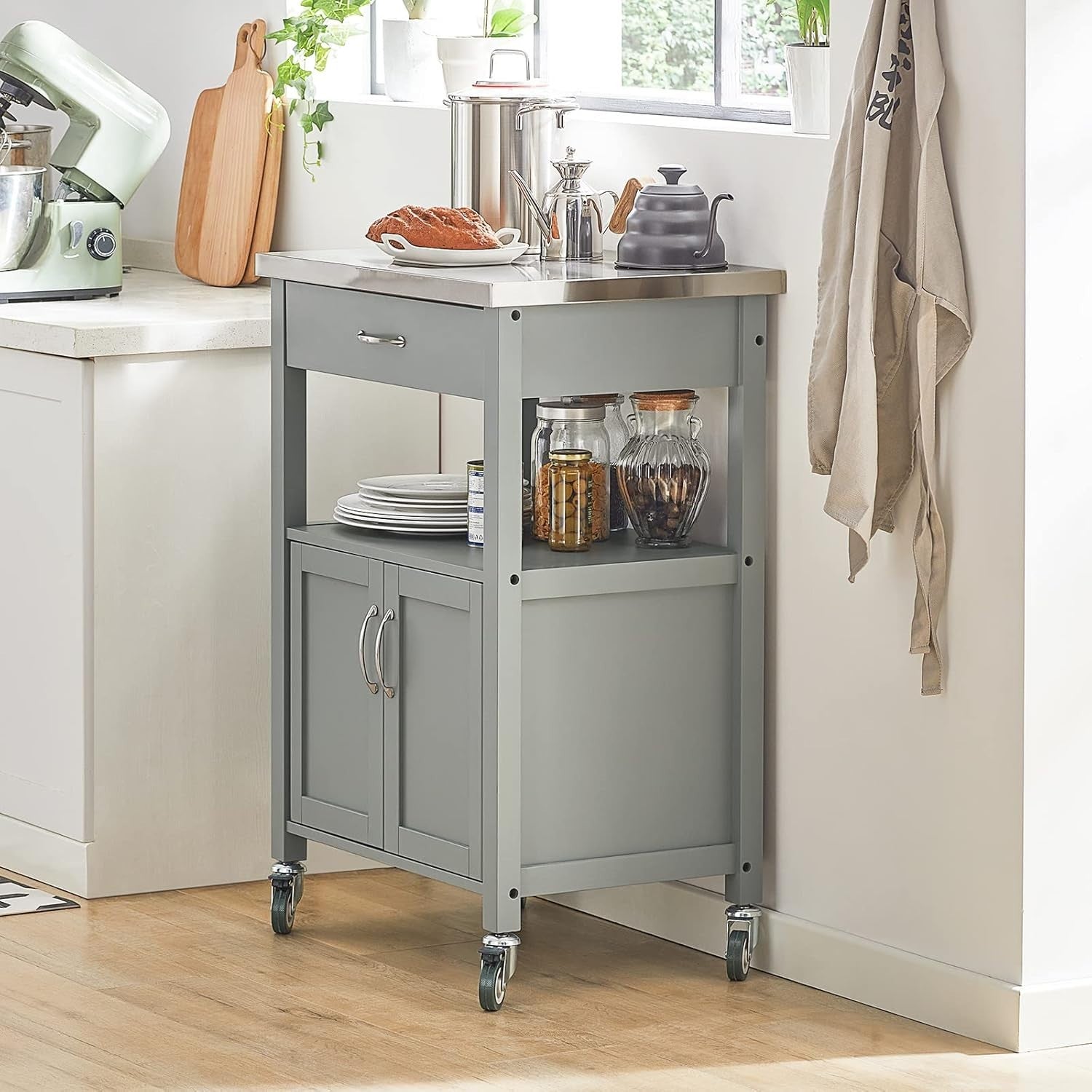 Grey Kitchen Trolley on Wheels Storage Cabinet 60x92cm