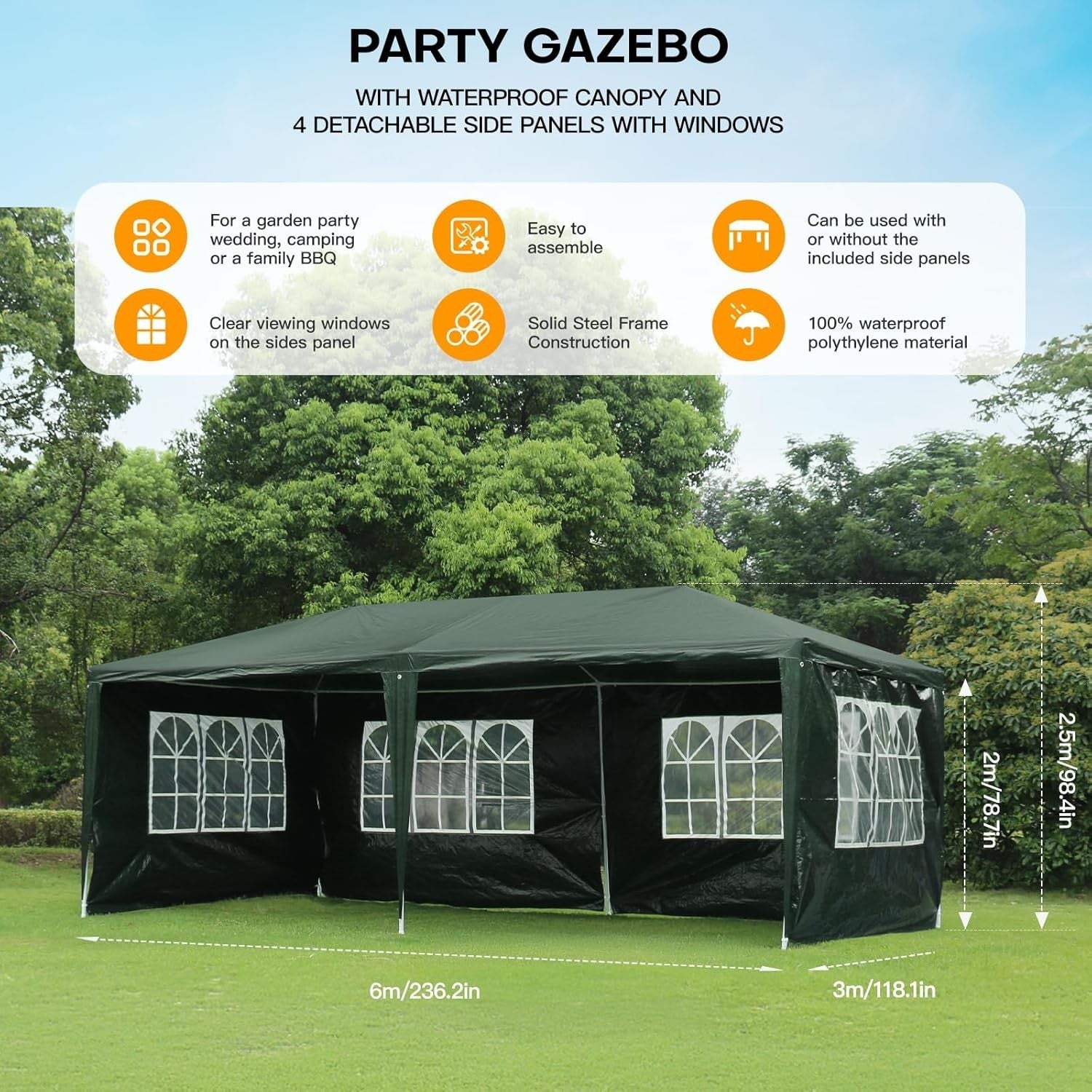 6x3M Green Outdoor Garden Marquee Waterproof PE Party Tent with Sidewalls