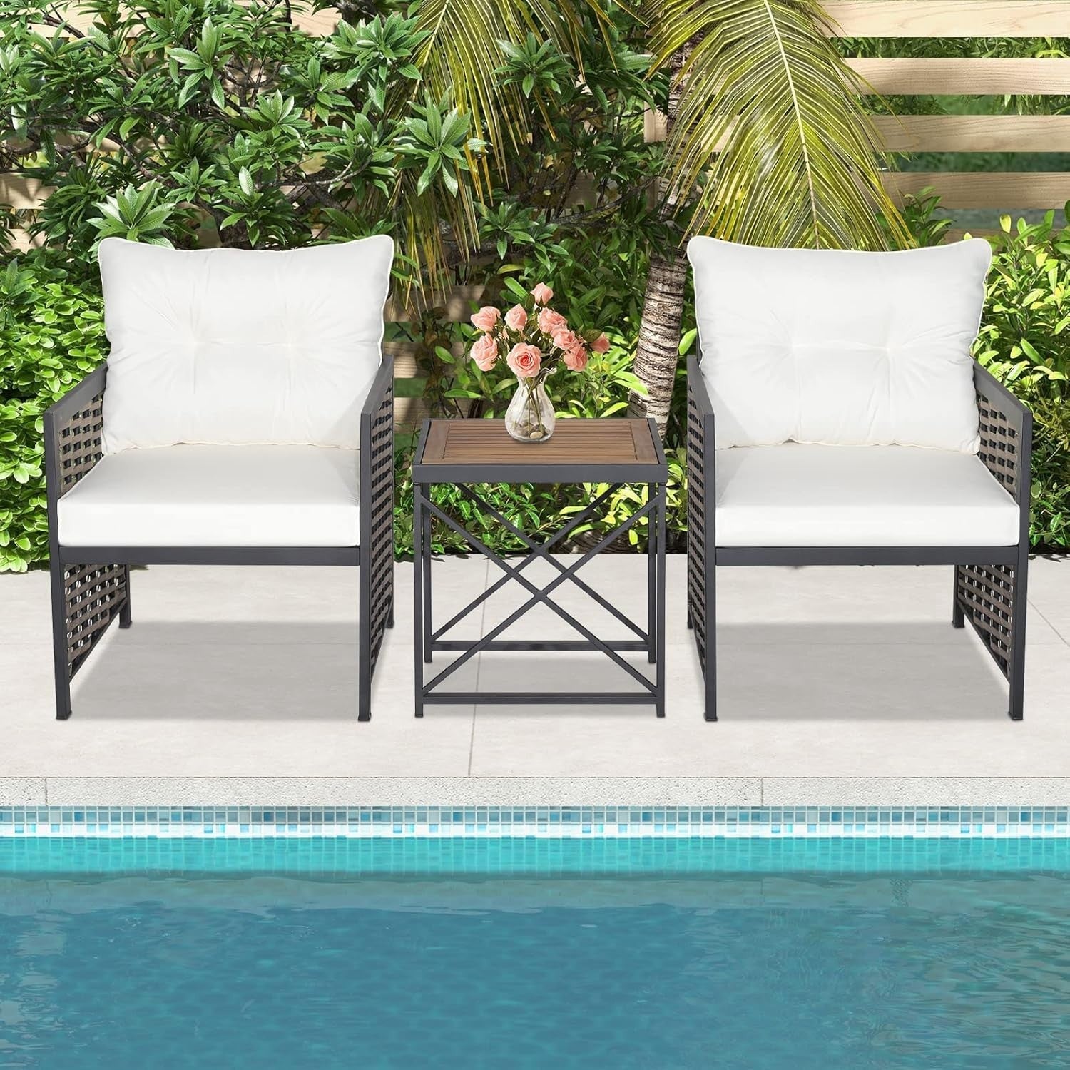 Patio Rattan Bistro Seating Set Acacia Wood Table Deep Cushions Balcony