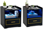Set of 2 Black LED Bedside Tables with USB Charging & Drawer | Smart Nightstands
