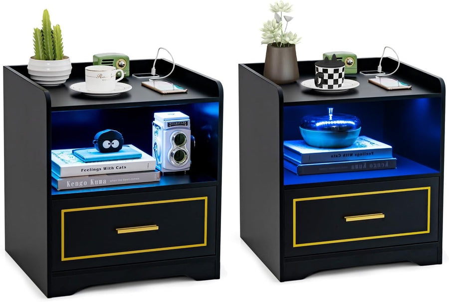 Set of 2 Black LED Bedside Tables with USB Charging & Drawer | Smart Nightstands