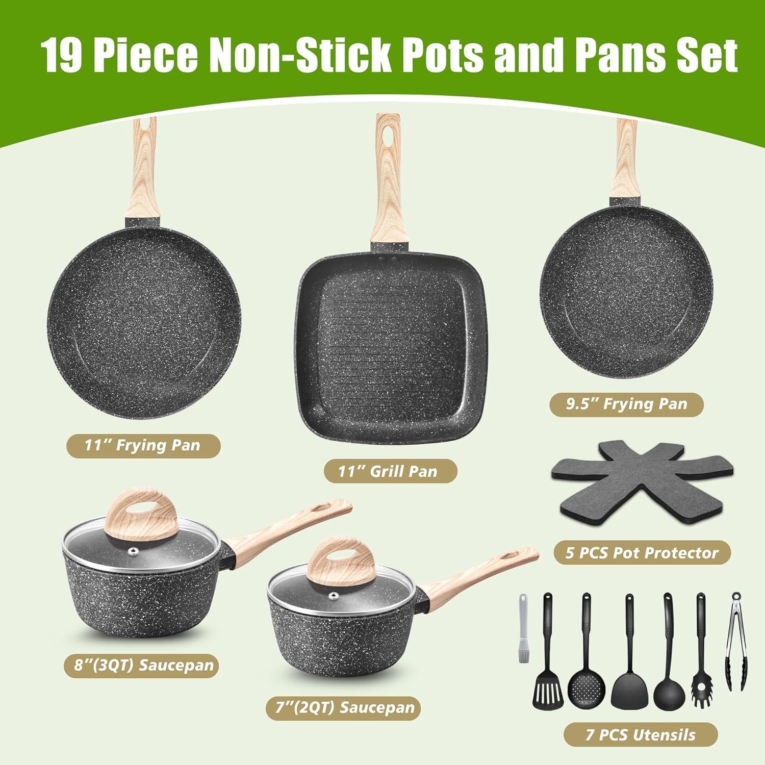 19pcs Black Granite Non-Stick Cookware Set – Induction Safe, All Hobs, PFOA Free