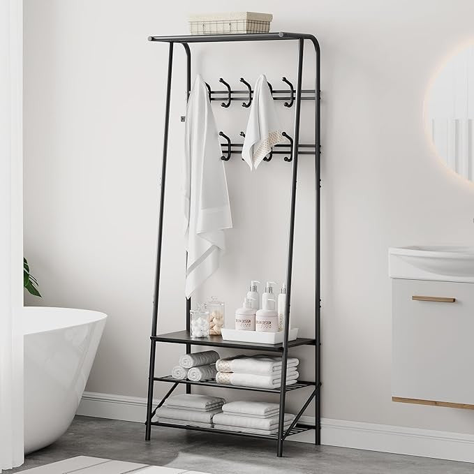 Black Metal 3-in-1 Coat Rack with Shoe Storage & 10 Hooks Entryway Stand