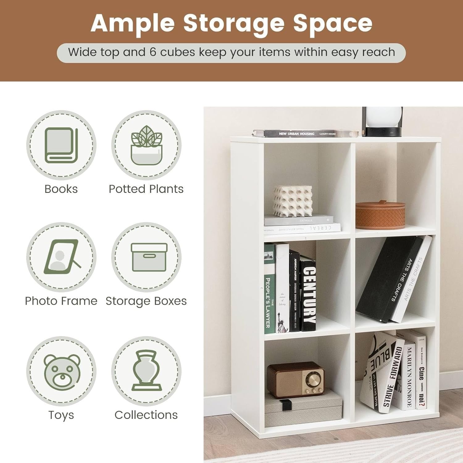 6-Cube Wooden Bookcase Open Shelving Unit Modern Storage Cabinet White