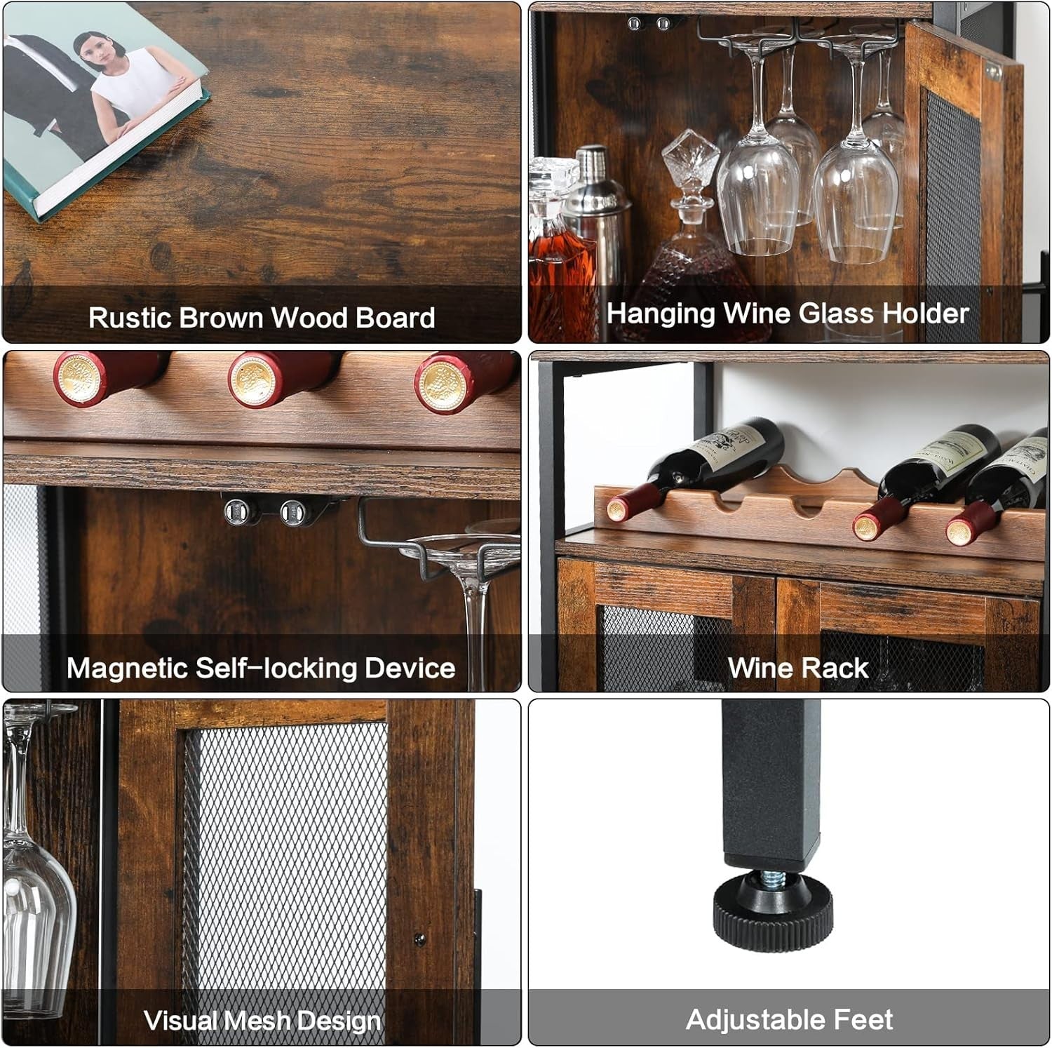 Wine Bar Cabinet with Glass Holder & Bottle Rack | Rustic Brown Sideboard