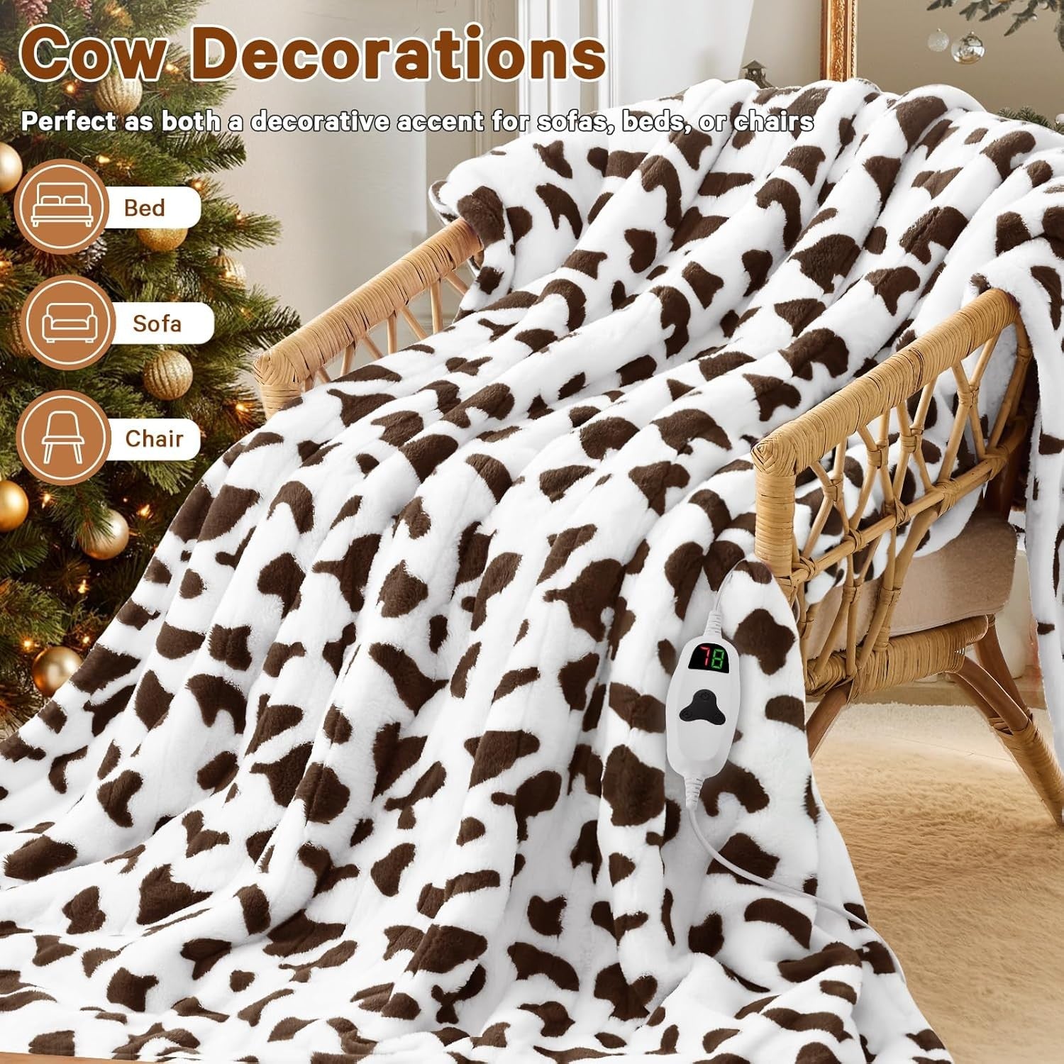 Electric Heated Throw Blanket Cow Print Sherpa 10 Heat Auto Off Washable