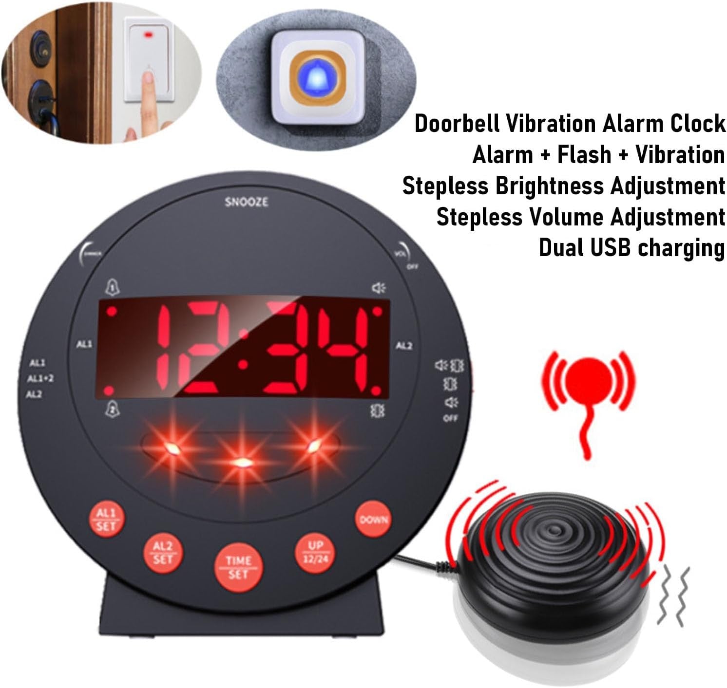 Vibrating Alarm Clock Loud Heavy Sleepers Bed Shaker LED Digital Display