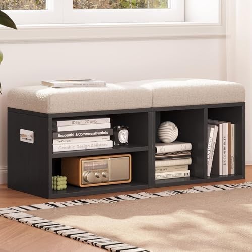 2-Piece Shoe Bench Cushioned Seat 2-Tier Storage Rack with Handles Black 100cm