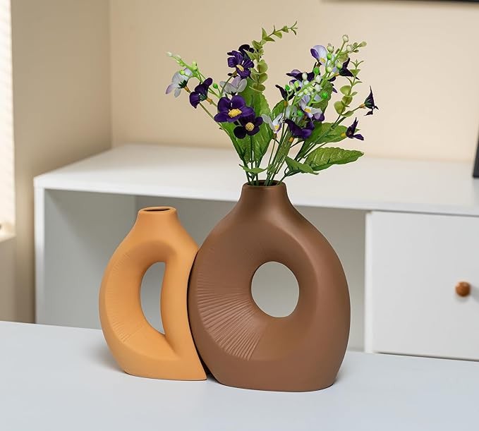 Ceramic Vase Set of 2 Hollow Minimalist Modern Decor for Pampas Grass