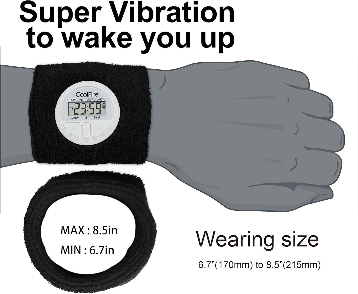 Silent Vibrating Alarm Clock Wrist Bracelet for Deep Sleepers Black