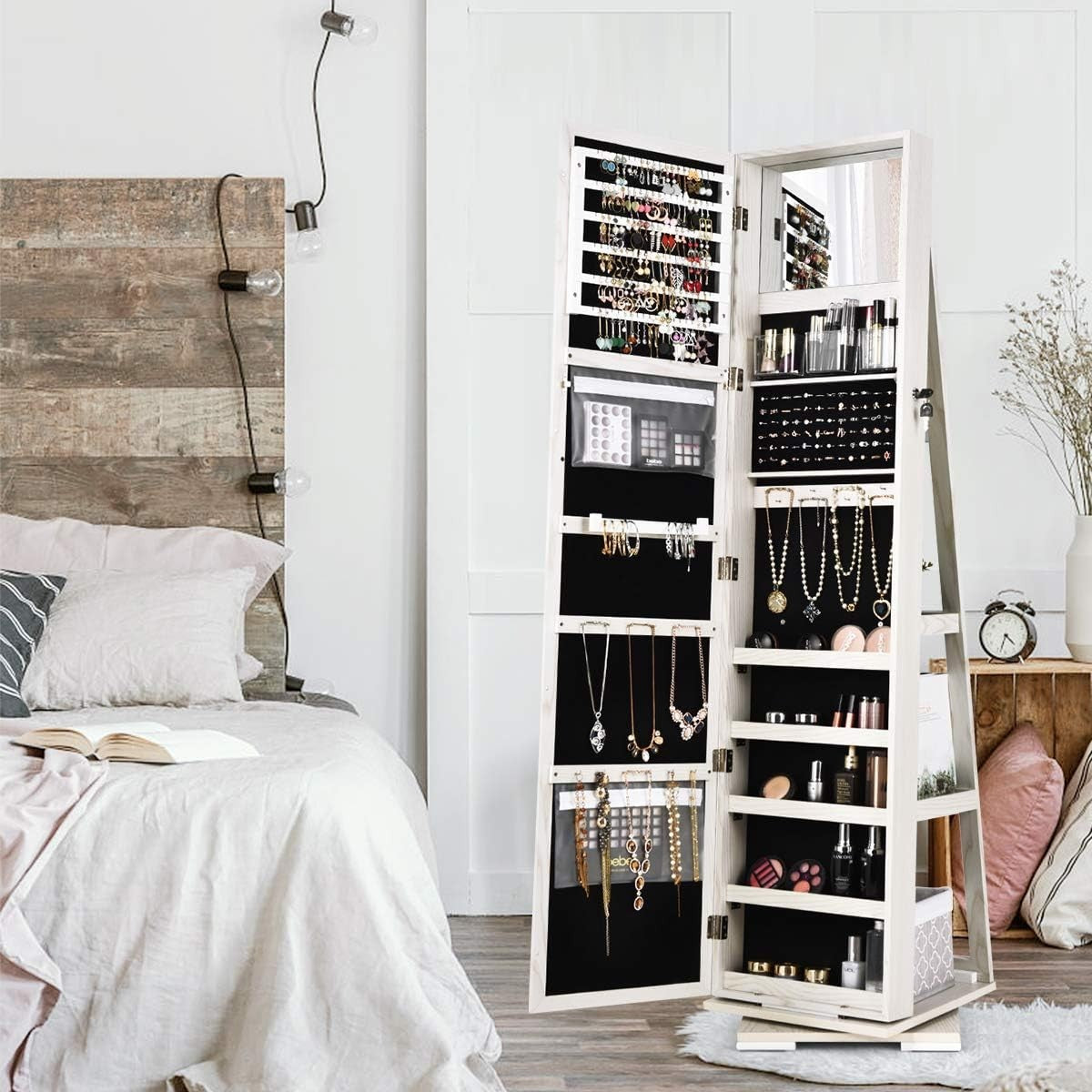 White 360° Swivel Jewelry Cabinet Mirror Lockable 3-in-1 Storage Stand
