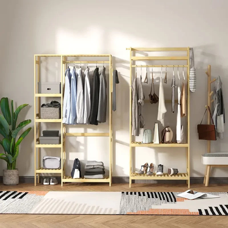 Bamboo Garment Rack with Hanging Rail & Shelves | Clothes Stand & Hooks