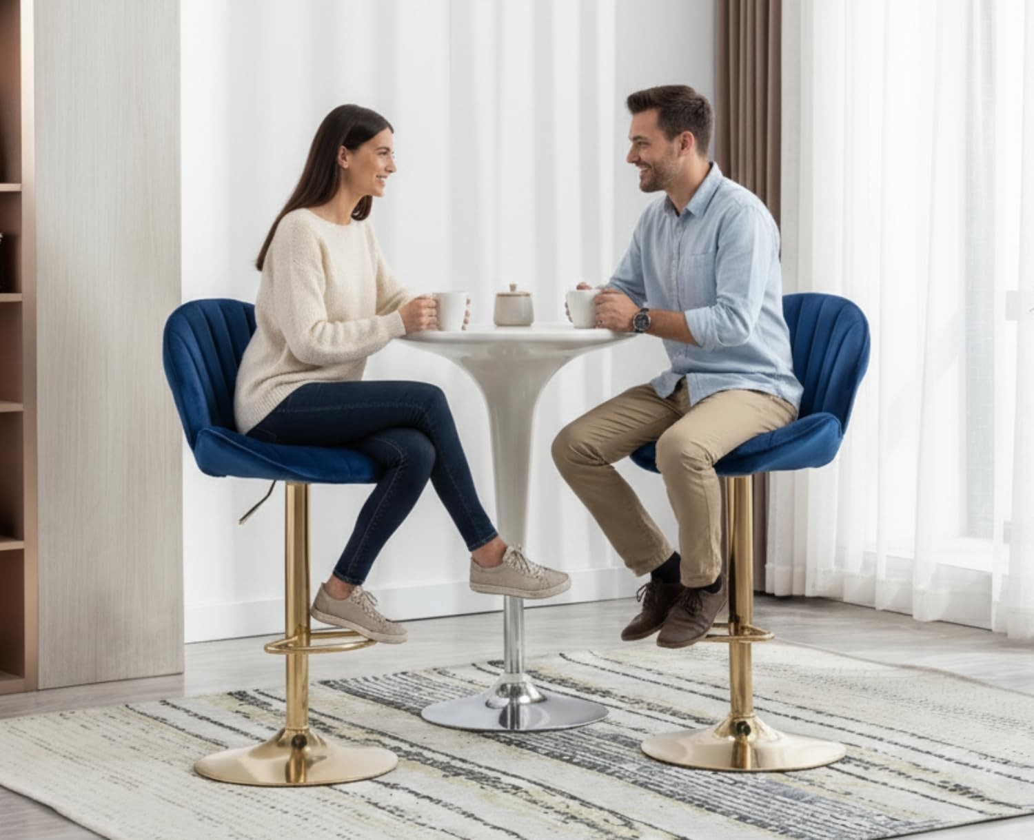 Blue Velvet Swivel Bar Stools Set of 2 Adjustable Kitchen Counter Chairs