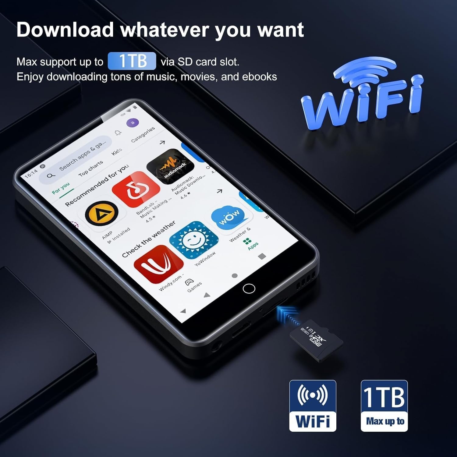80GB Bluetooth WiFi MP3 Player Kids 4" Touchscreen Music Video – Blue