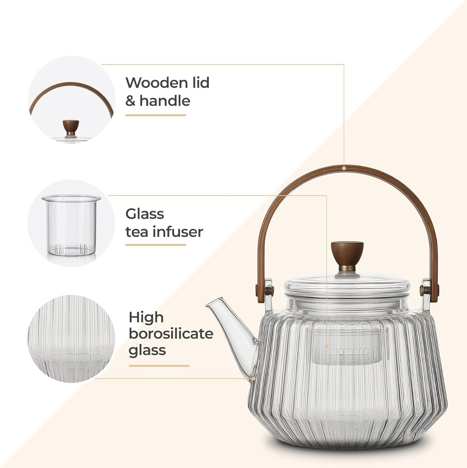 900ml Glass Teapot with Infuser Wooden Handle Loose Leaf Tea Pot
