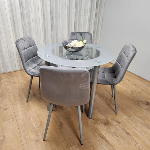 Round Glass Dining Table Set with 4 Grey Chairs Modern Kitchen Room