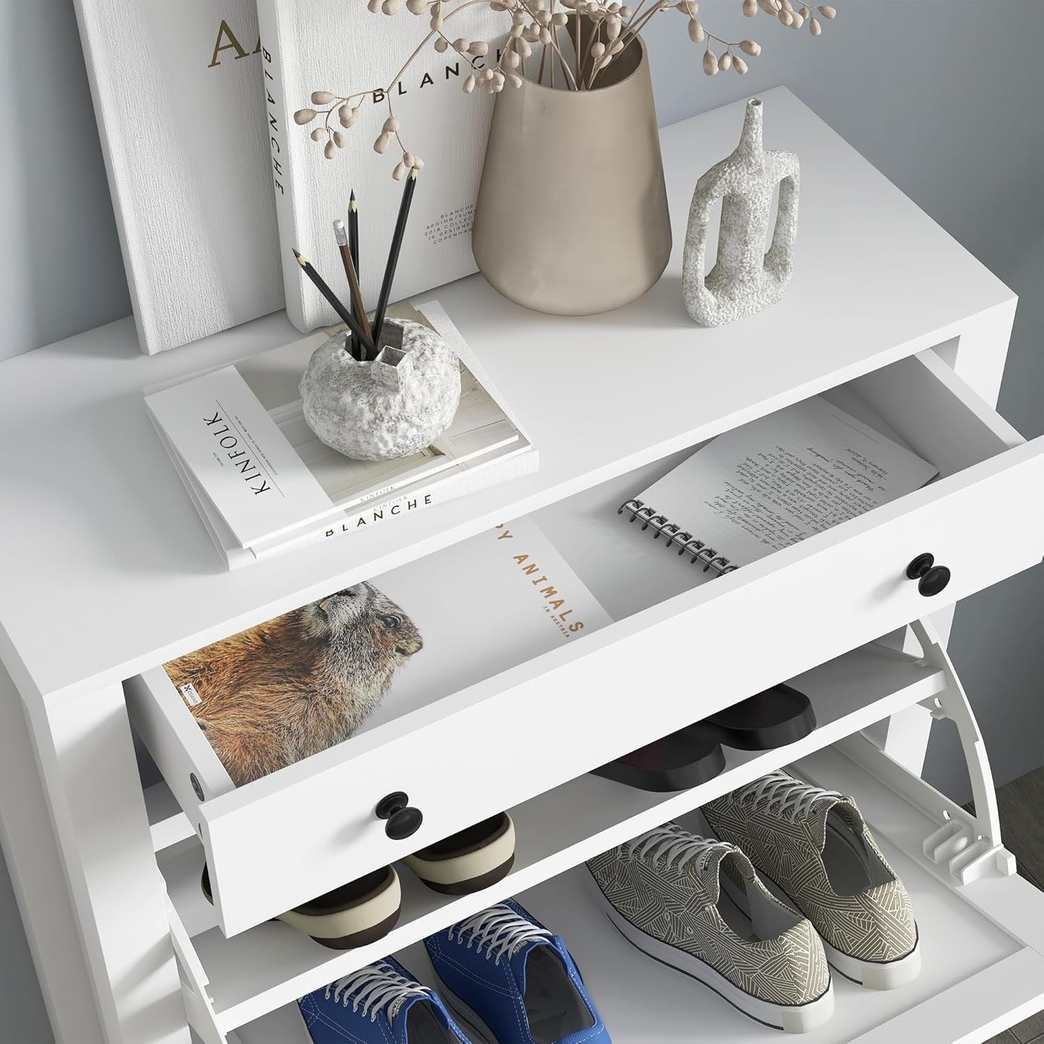 Slim White Shoe Cabinet with 2 Flip Drawers & Top Storage Drawer 60x24x97cm