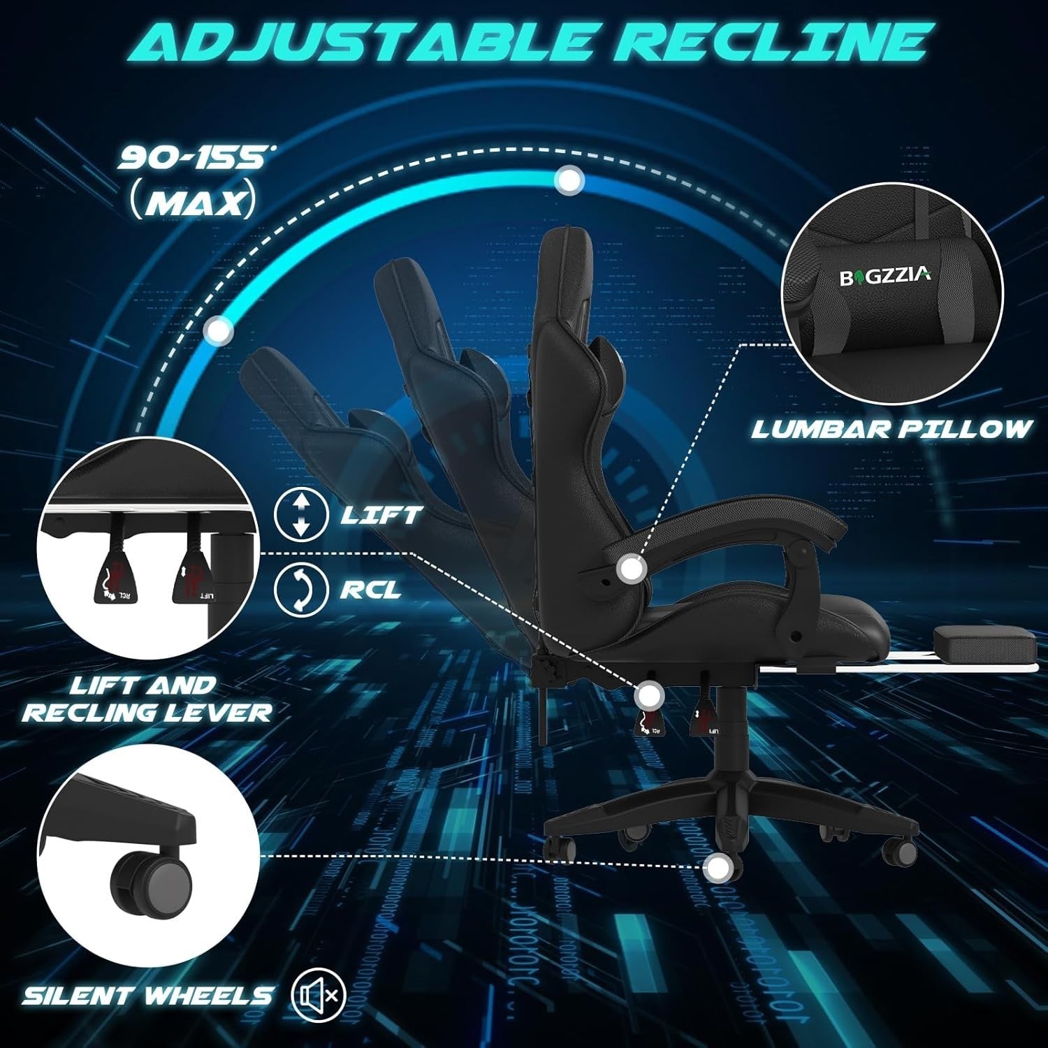 High Back Gaming Chair RGB LED Lights Reclining Computer Office Swivel Desk Seat