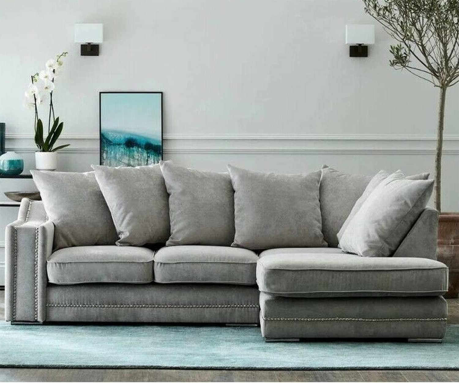 Light Grey Corner Sofa 3-4 Seater Right Hand ✨ Studded Arms, L Shape Comfort