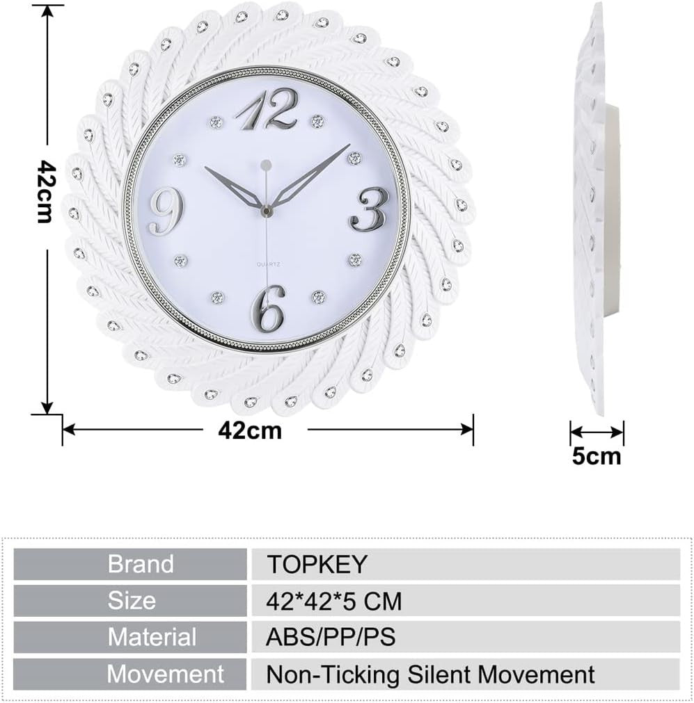 Large White Peacock Feather Wall Clock 43cm Silent Elegant Home Decor