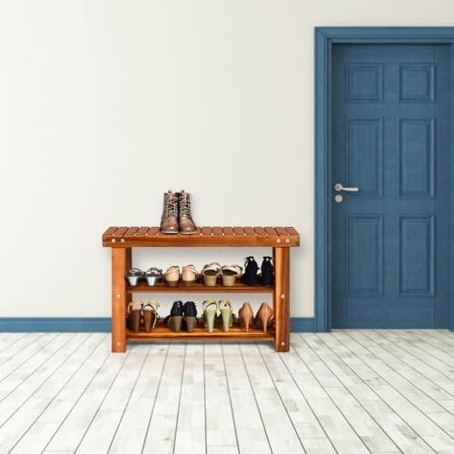 3-Tier Acacia Wood Shoe Rack Bench Wide Storage Seat for Hallway Entryway