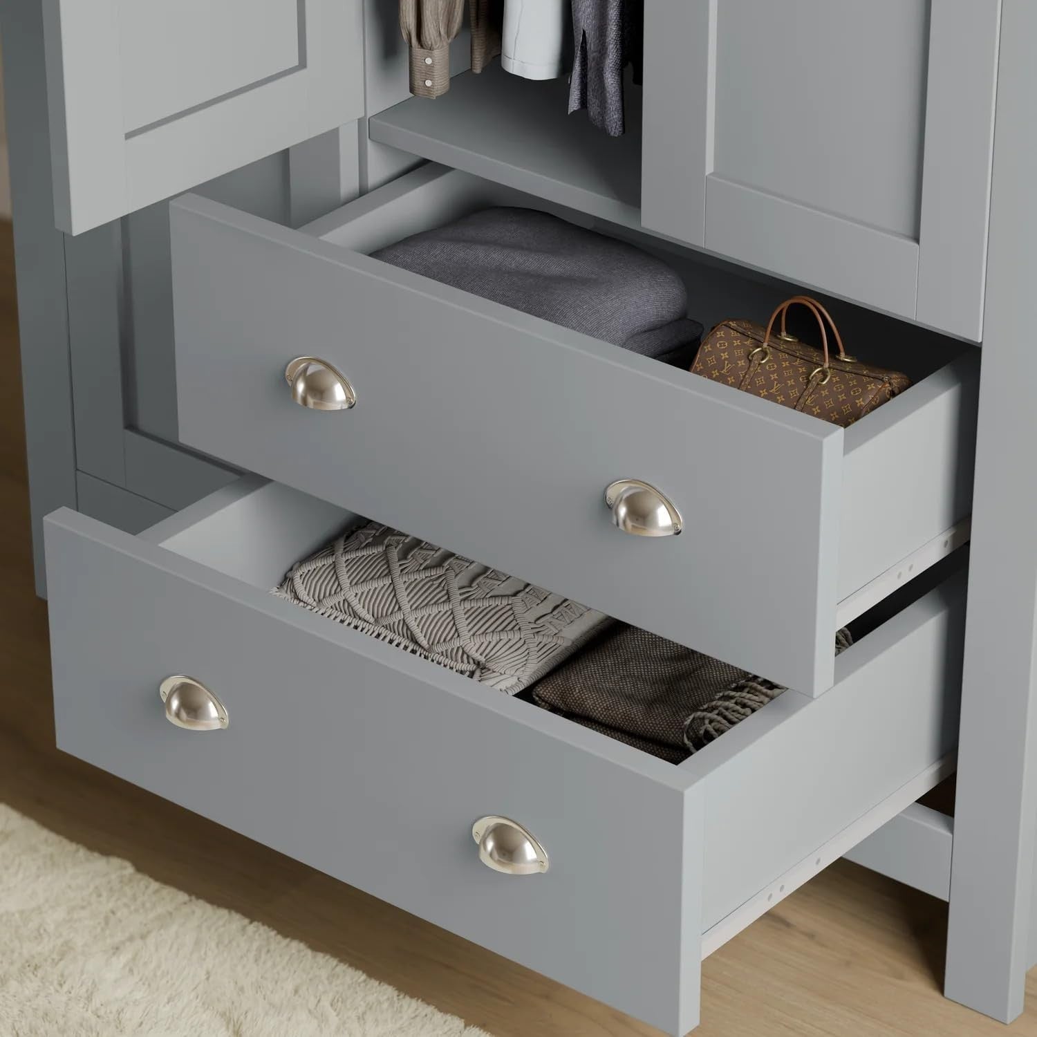 3 Door Grey Wardrobe with Drawers & Rail – Modern Bedroom Storage