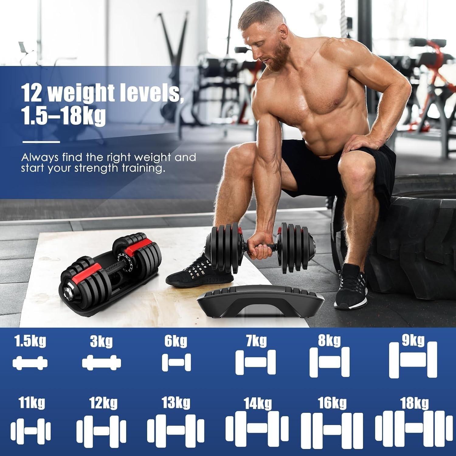 18kg Adjustable Dumbbell Single 12-in-1 Quick Change Cast Iron Home Gym