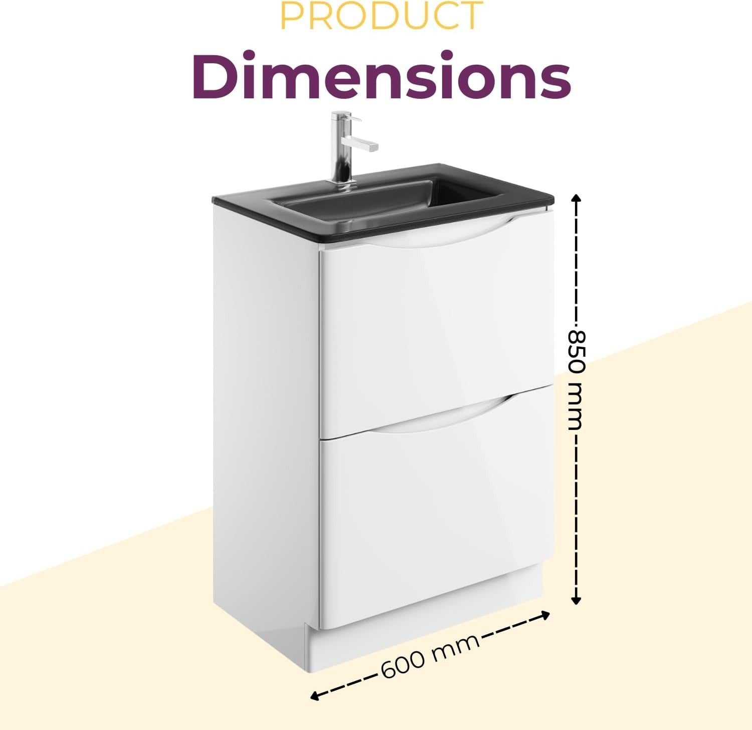 600mm Floor Standing Vanity Unit White Gloss with Grey Glass Basin Bathroom