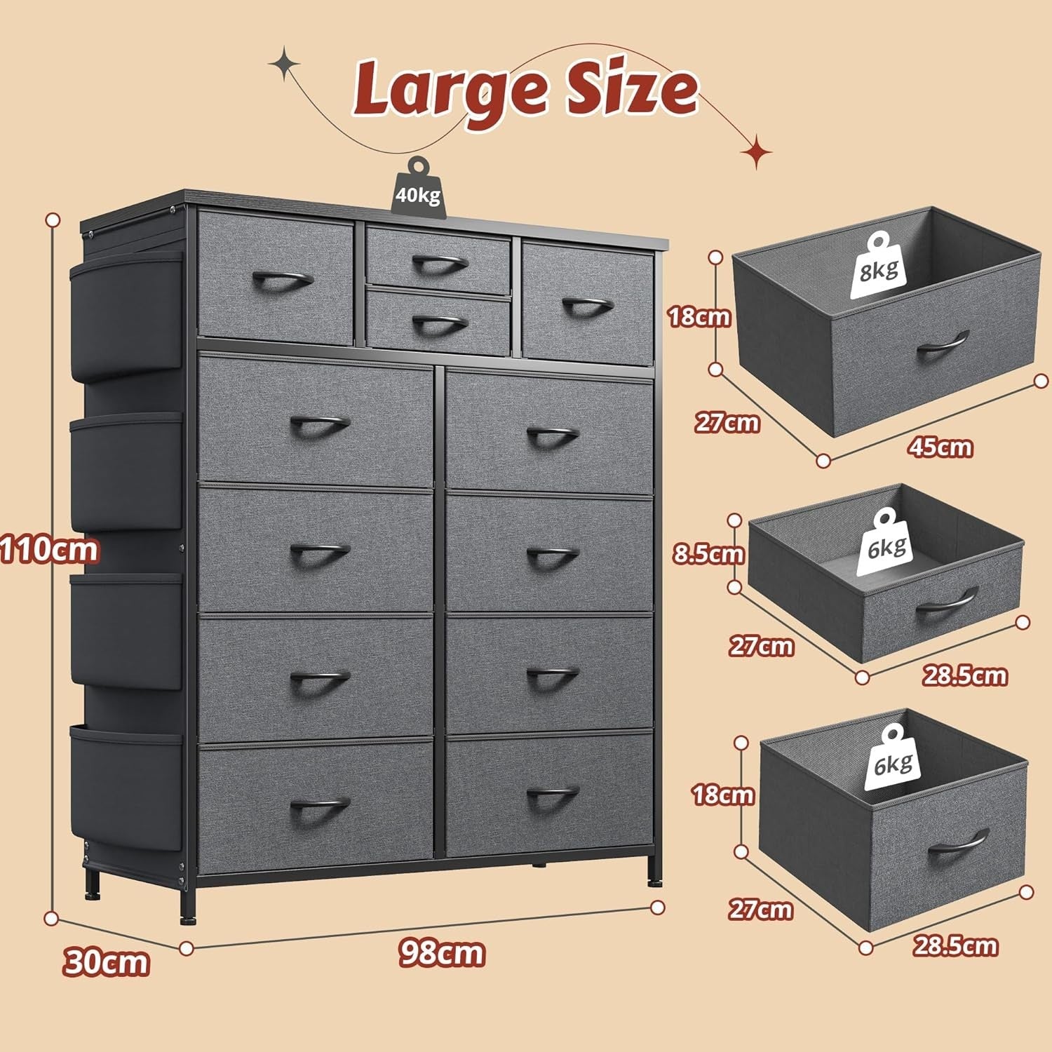 Grey 12 Drawer Tall Fabric Dresser Storage Cabinet w/Side Pockets Bedroom
