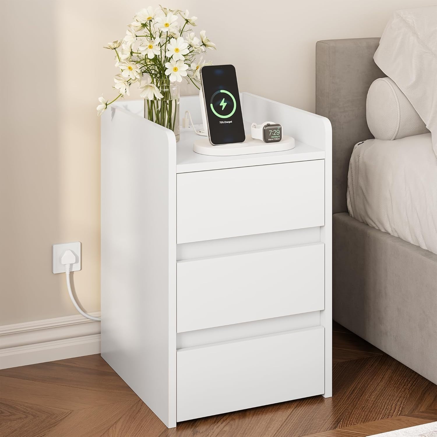 White 3 Drawer Bedside Table – Modern Minimalist Nightstand with USB Ports