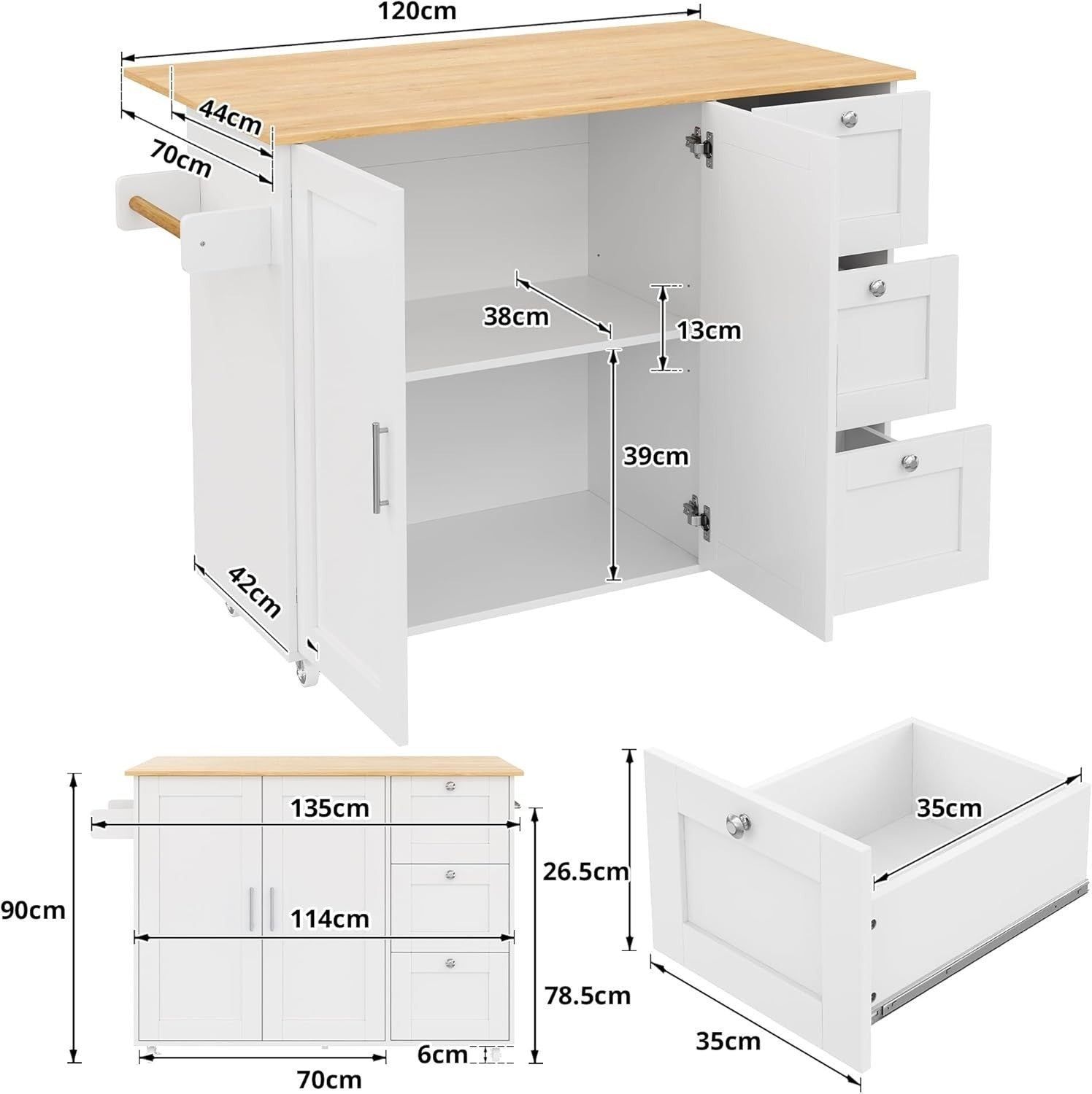 White Rolling Kitchen Island Foldable Worktop 135cm