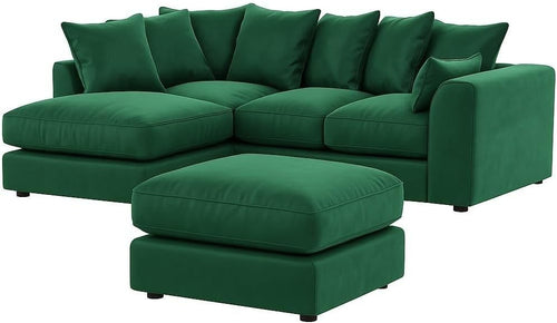 Green Velvet 4 Seater L Shape Corner Sofa with Footstool – Plush Memory Foam