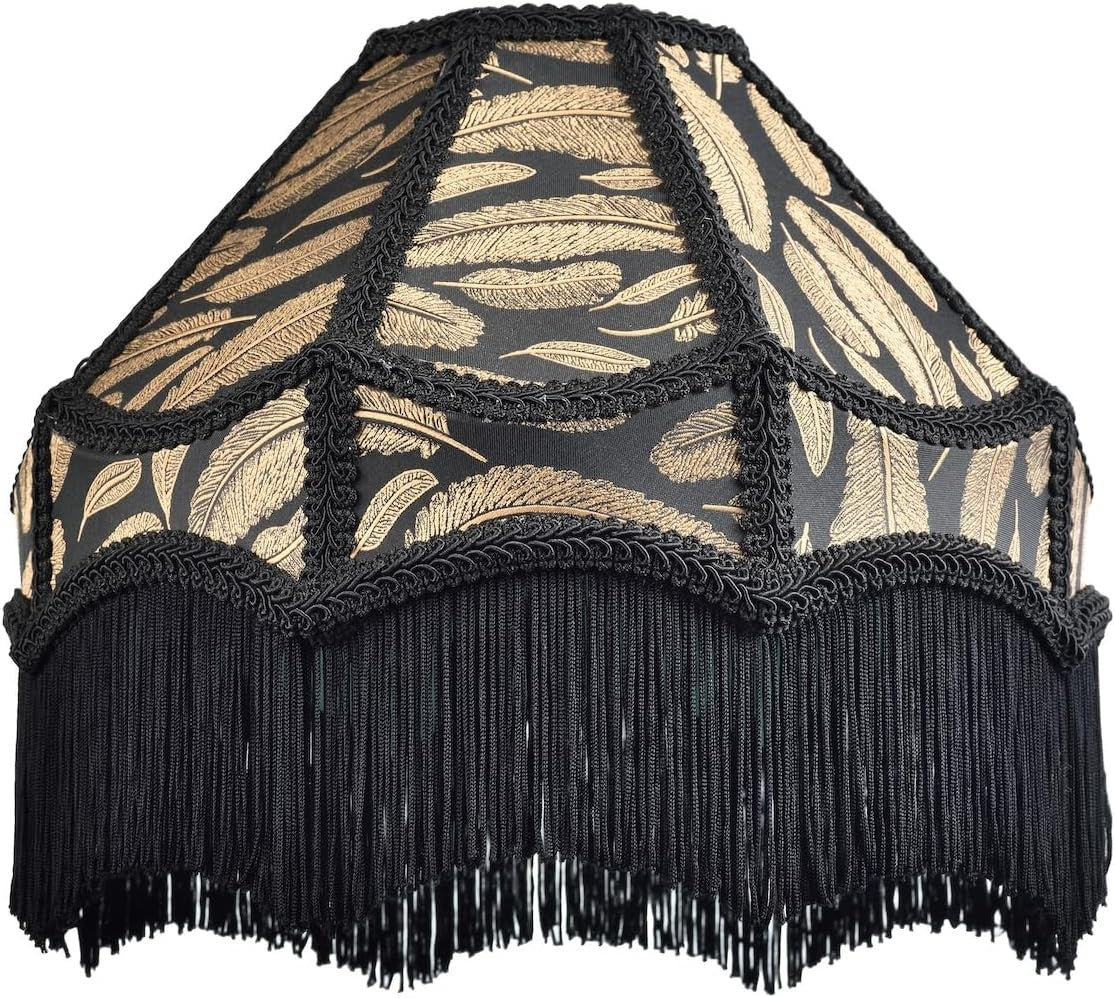 Victorian Empire Lampshade Black Jacquard Gold Leaf Tassel 30cm