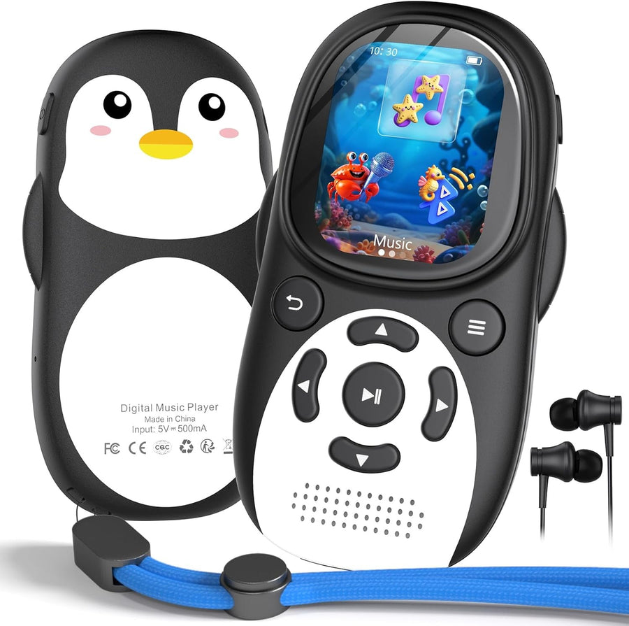 Kids MP3 Player 64GB Bluetooth 5.3 Penguin FM Speaker Recorder
